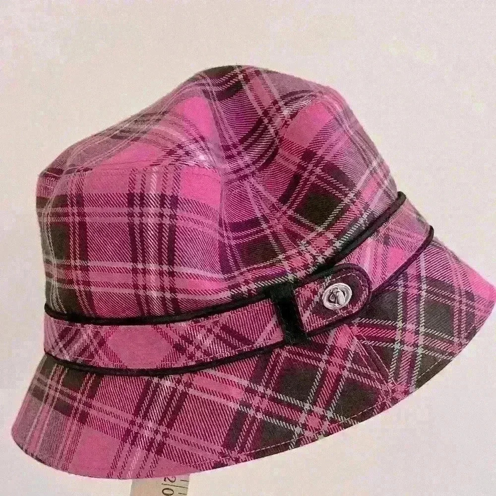 Coach Wool Pink Plaid Twist Buckle Bucket Hat